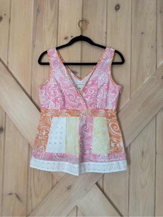 Jones New York Tops - Sleeveless Floral Patchwork V-Neck Tank Top in Pink, Orange & Yellow